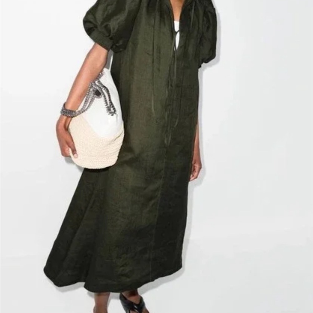 FRAME moss green tie neck front puff sleeve linen maxi dress - Picture 7 of 9
